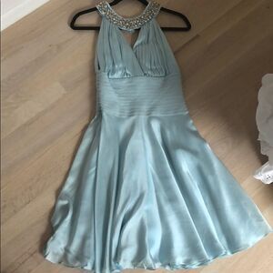 Silk & Beaded Halter Dress - Light Blue